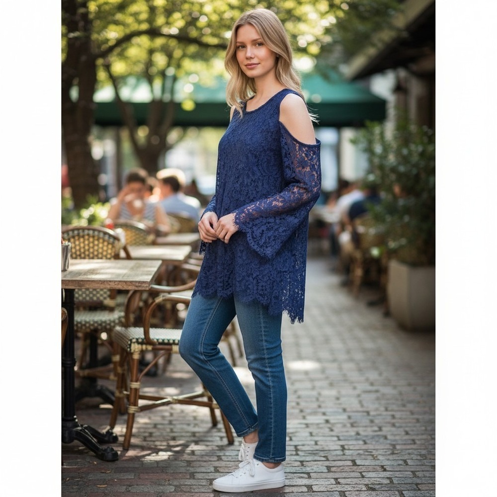 Karen Kane Cold Lace Top Women Size M Blue Catalina Shoulder NWT $118